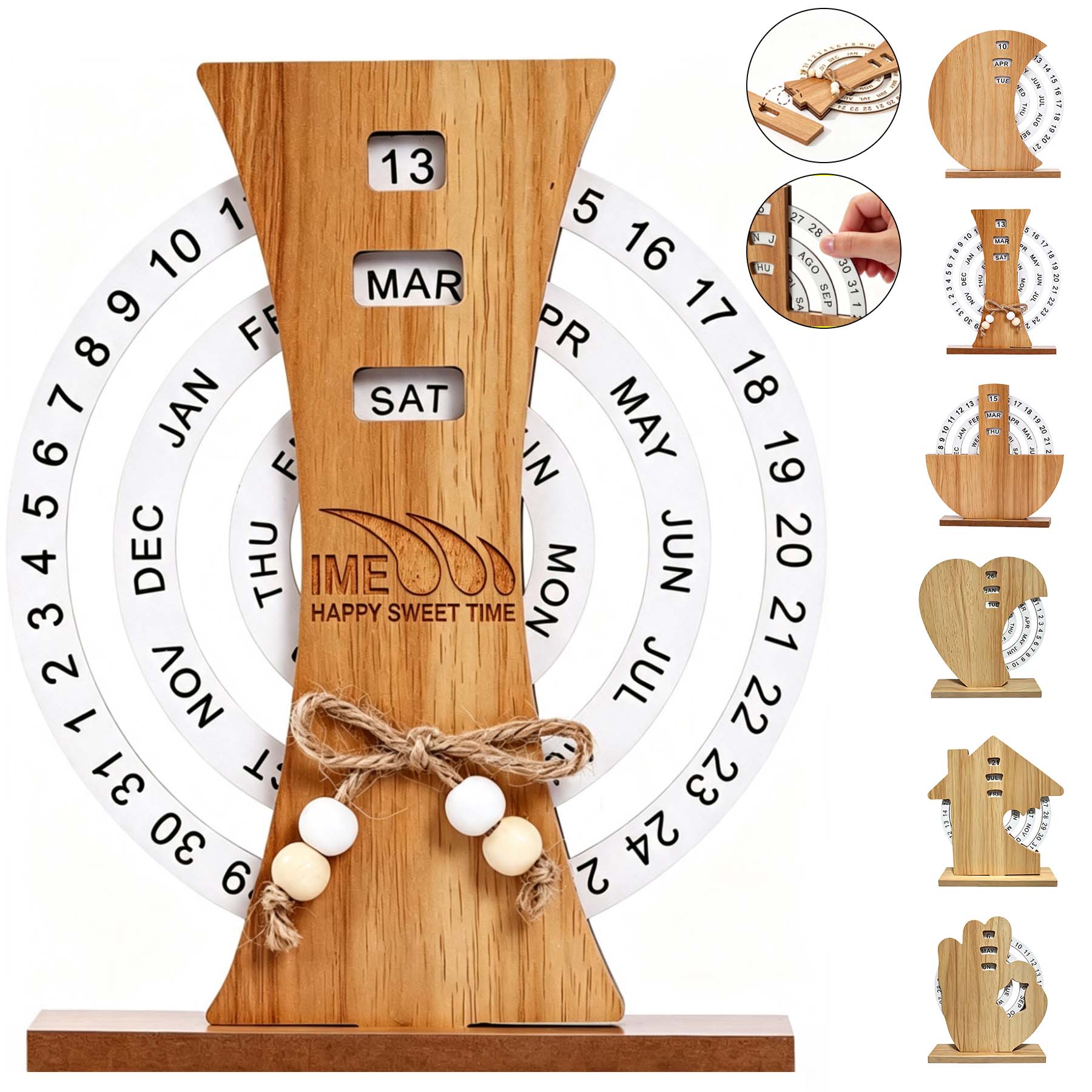 Wooden Manual Rotating Disc Perpetual Desk Calendar
